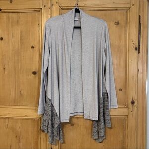LOGO by Lori Goldstein Women’s Cardigan with Asymmetrical Lace Trim Size M